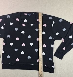 Rachel Roy Womens Medium Heart Print Sweatshirt Black Pink Crew Neck Pullover